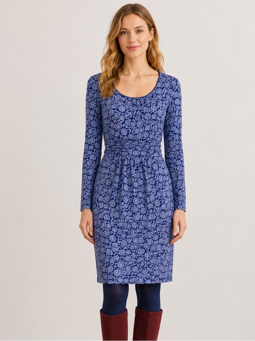 Boden Mabel Winter Floral Jersey Dress 6R Blue Long Sleeve Pockets